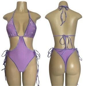 Lilac Cutout One-Piece Swimsuit with Rhinestone Detail
